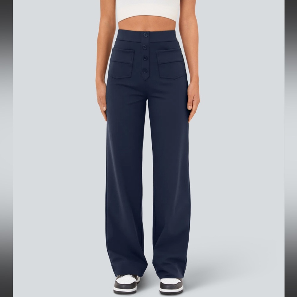 Halara High Waisted Button Multiple Pockets Straight Leg Pants, Mid Night Blue